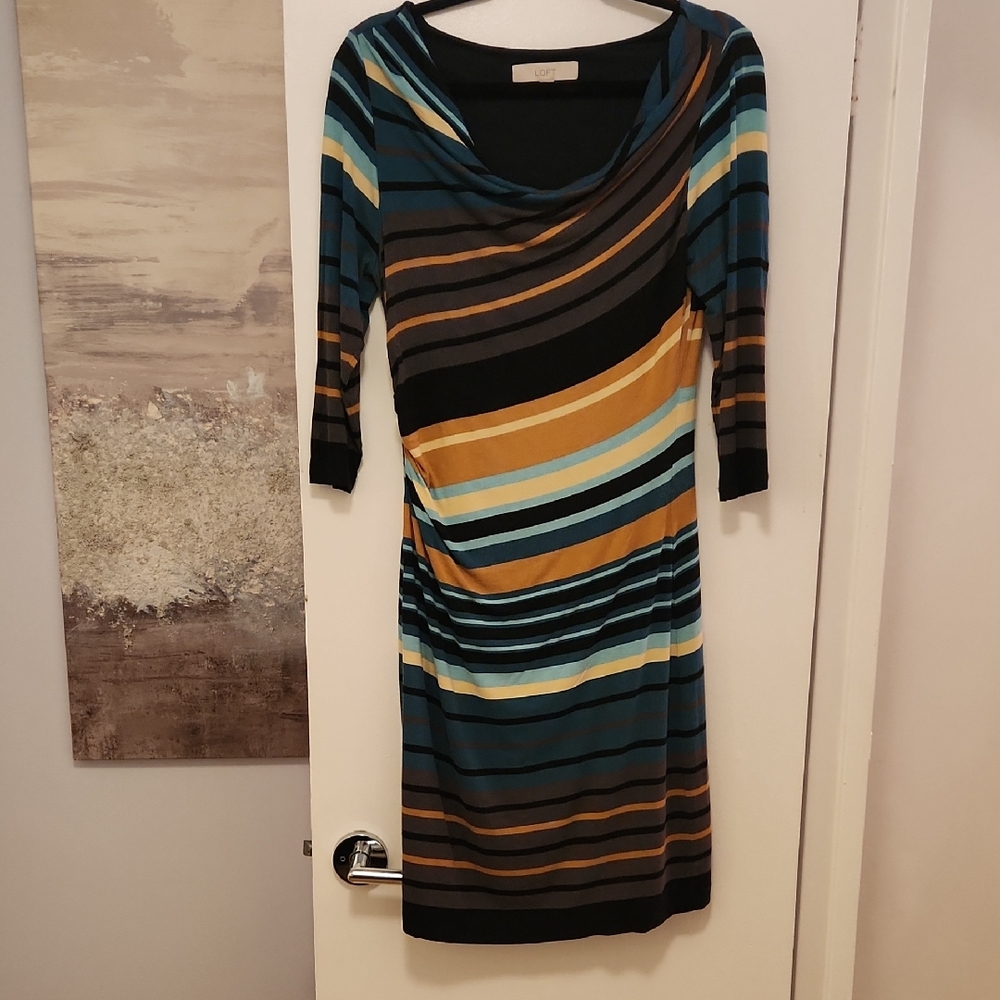 LOFT Striped Cowl Neck Dress in Teal, Mustard, Black and Gray